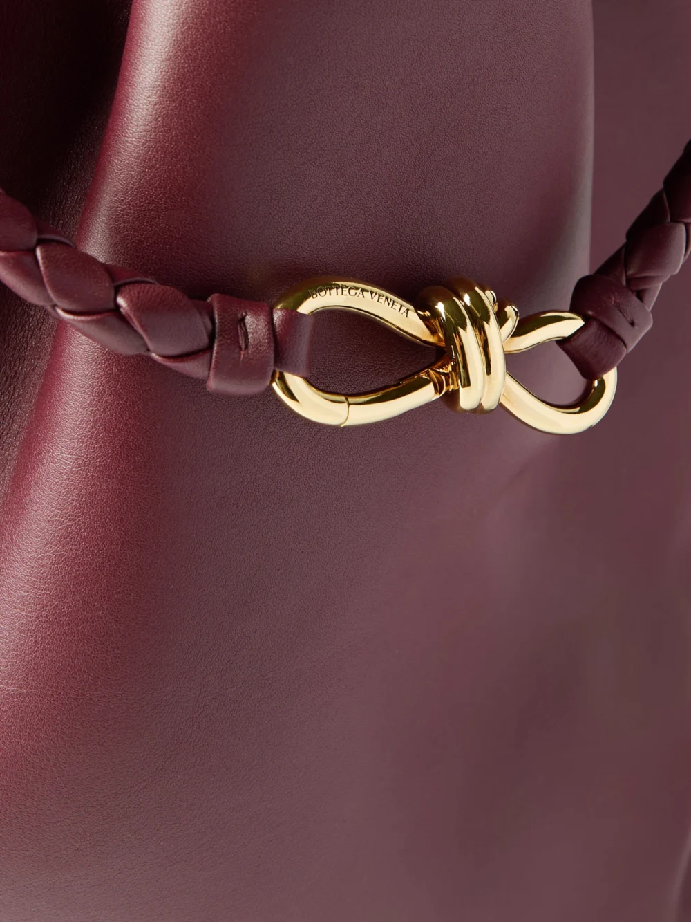 Close-up detail of the Bottega Veneta Andiamo Medium Leather Bucket Bag