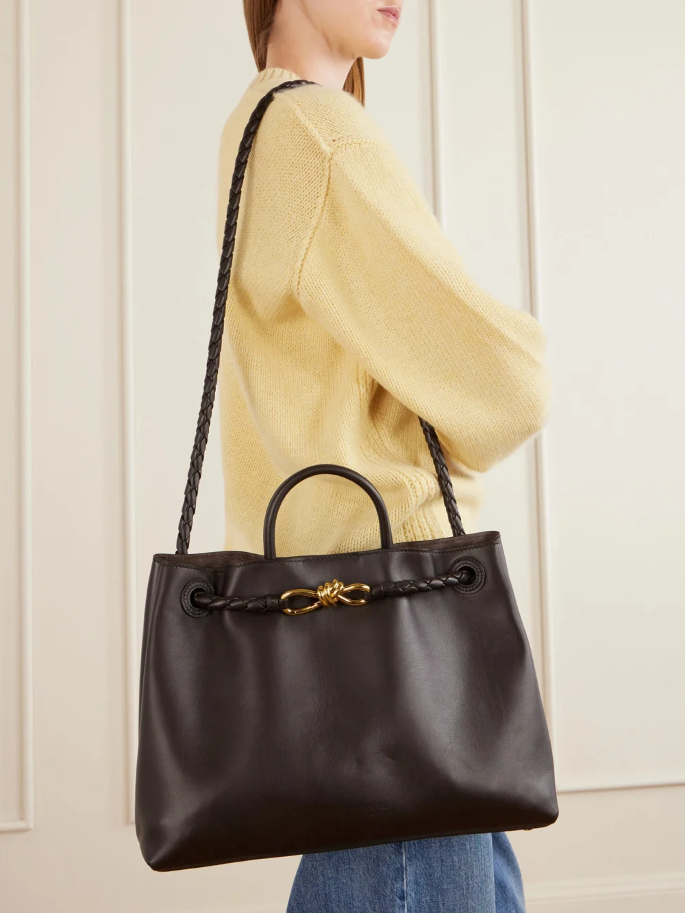 Bottega Veneta Andiamo Medium Leather Shoulder Bag, styled view