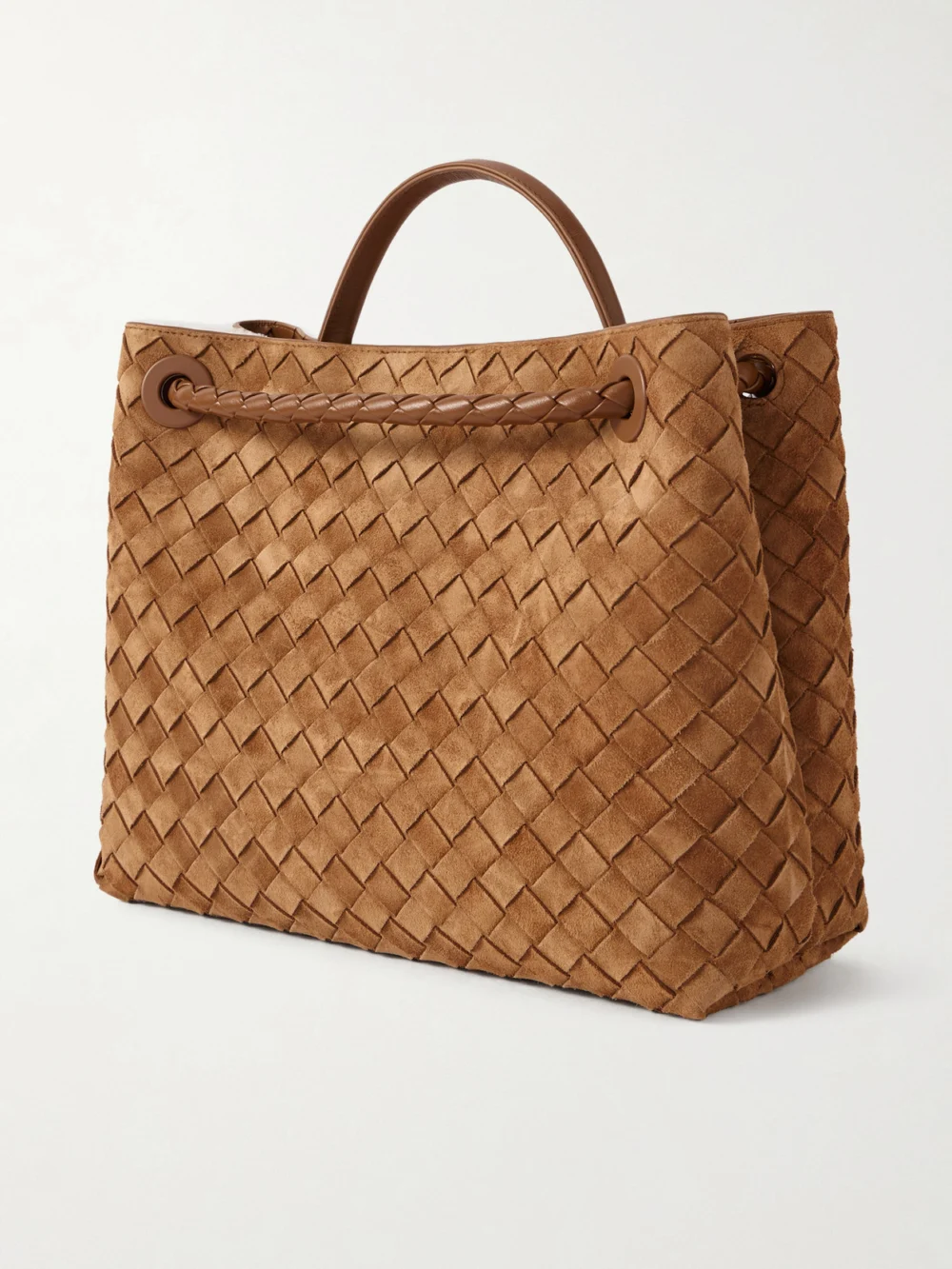 Back view of the Bottega Veneta Andiamo Medium Shearling-lined Leather-trimmed Intrecciato Suede Tote