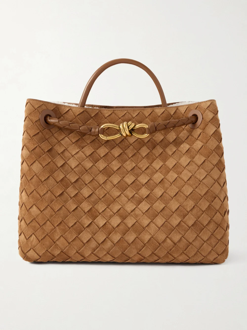 Bottega Veneta Andiamo Medium Shearling-lined Leather-trimmed Intrecciato Suede Tote in tan