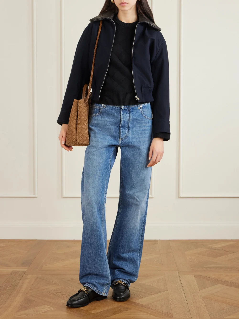 Bottega Veneta Andiamo Medium Shearling-lined Leather-trimmed Intrecciato Suede Tote, styled view