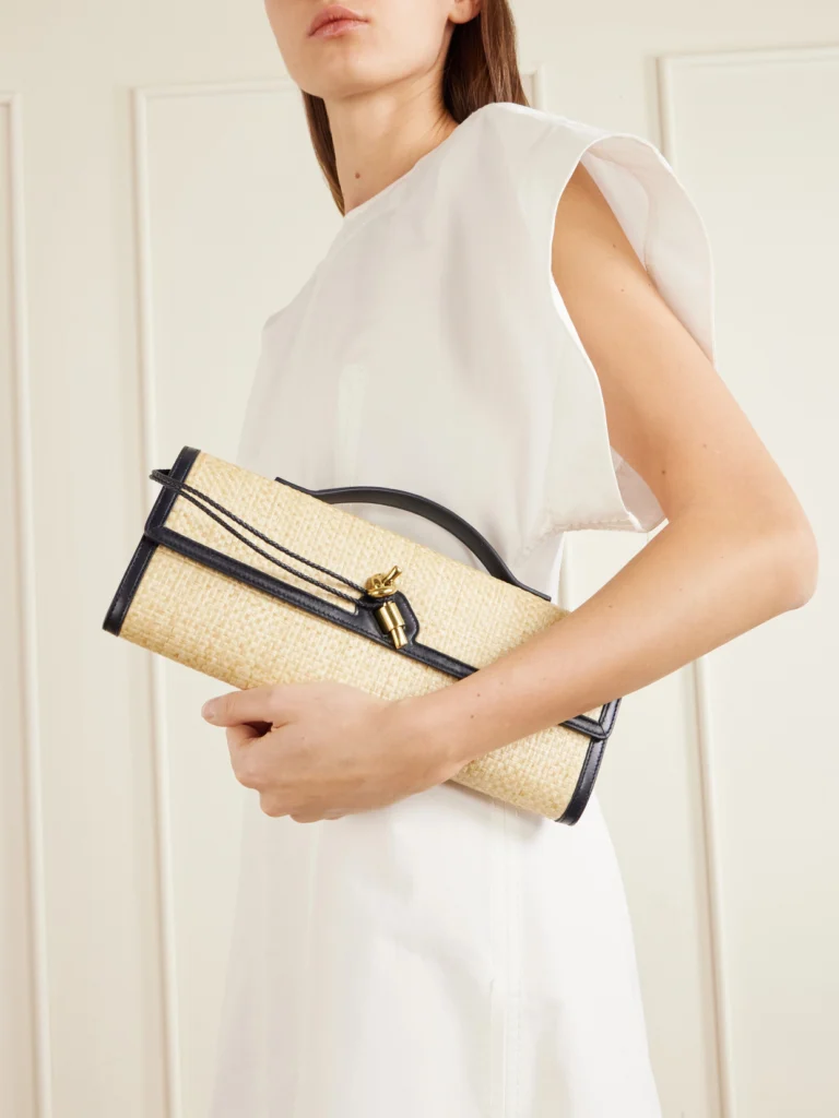 Bottega Veneta Andiamo Shaded Leather Trimmed Raffia Clutch