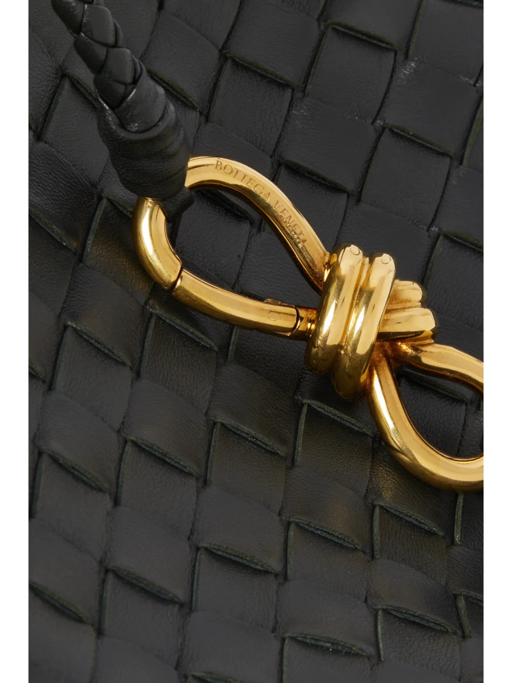 Close-up detail of the Bottega Veneta Andiamo Small Intrecciato Leather Top-handle Bag