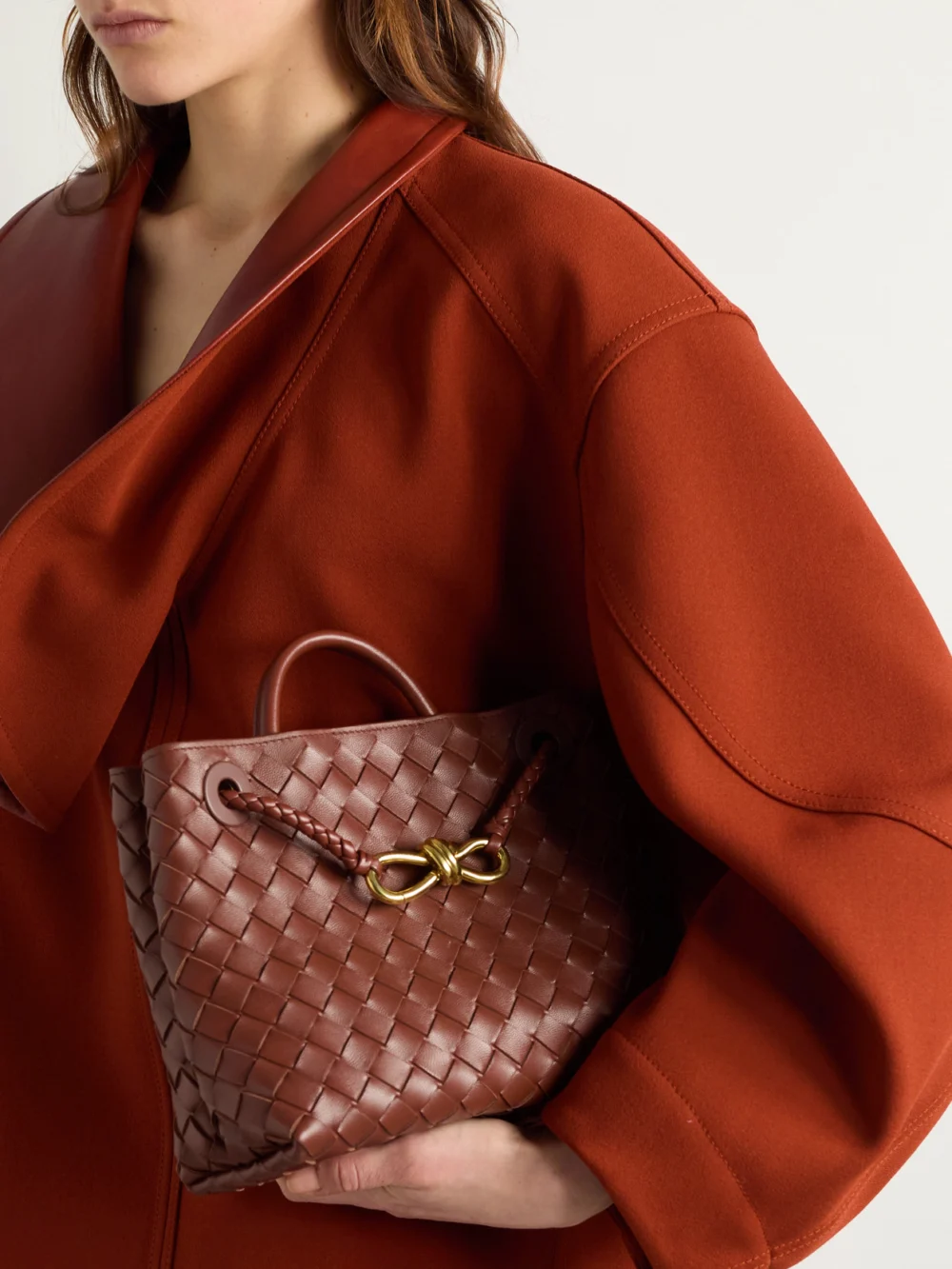 Bottega Veneta Andiamo Small Intrecciato Leather Top-handle Bag, styled view