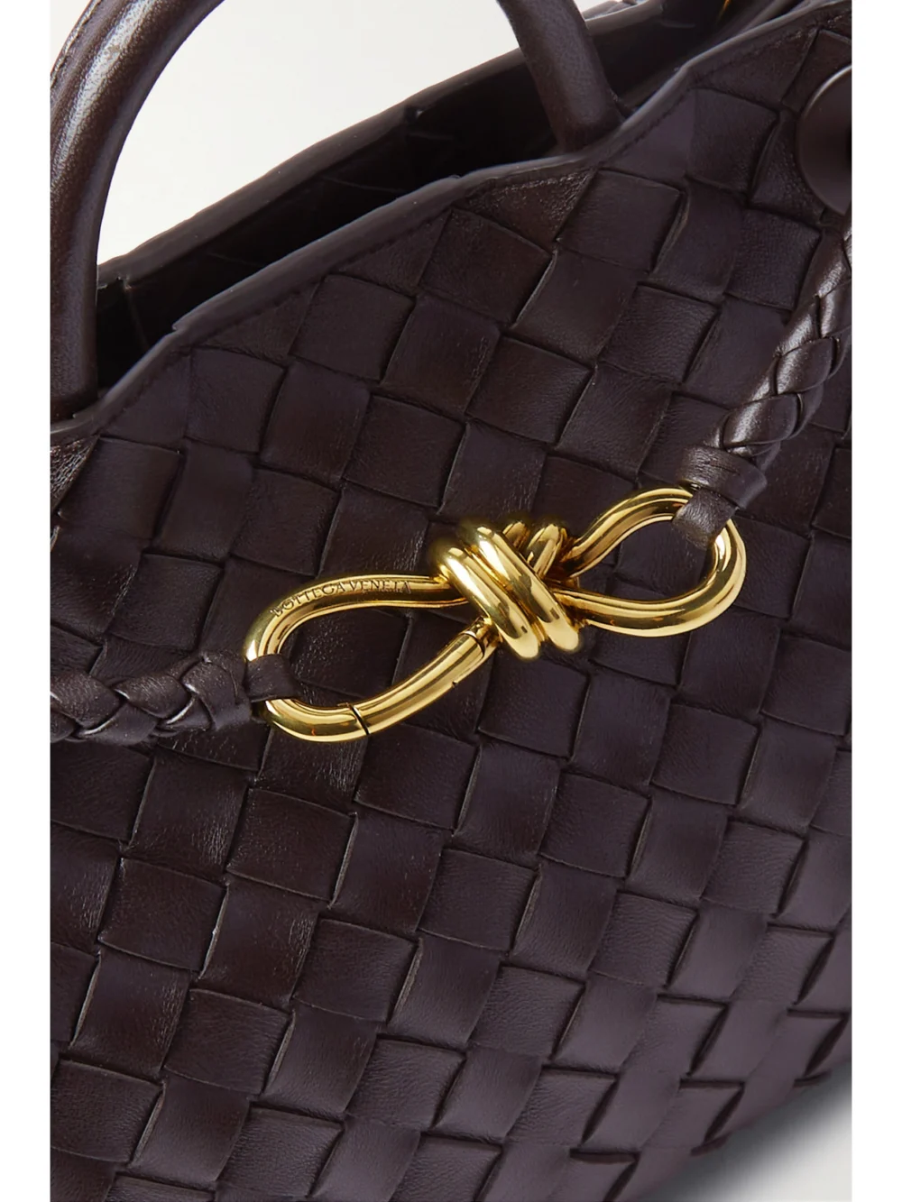 Close-up detail of the Bottega Veneta Andiamo Small Intrecciato Leather Top-handle Bag
