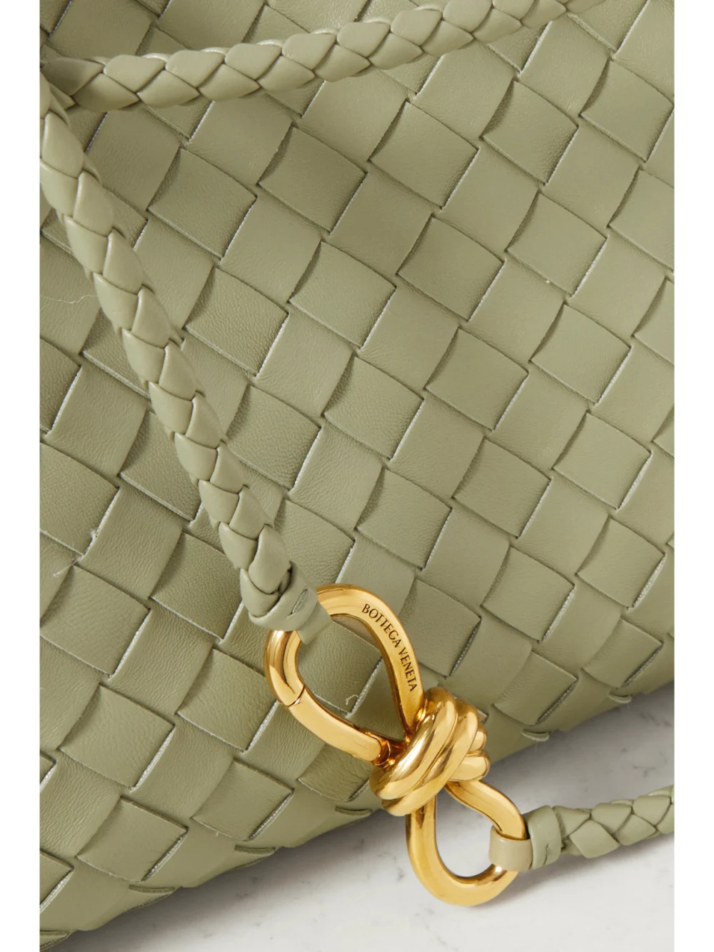 Close-up detail of the Bottega Veneta Andiamo Small Intrecciato Leather Top-handle Bag