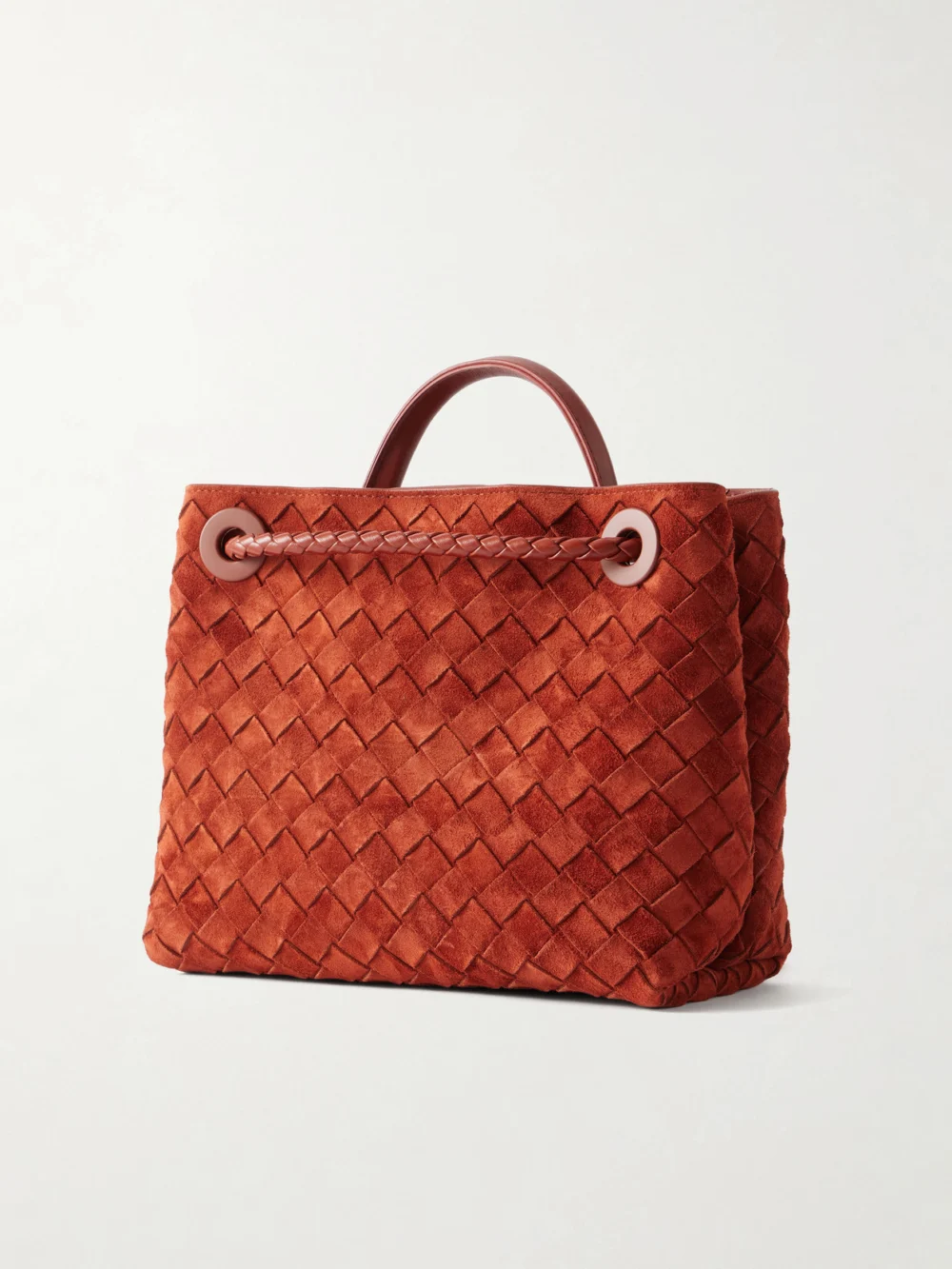 Back view of the Bottega Veneta Andiamo Small Intrecciato Suede Shoulder Bag