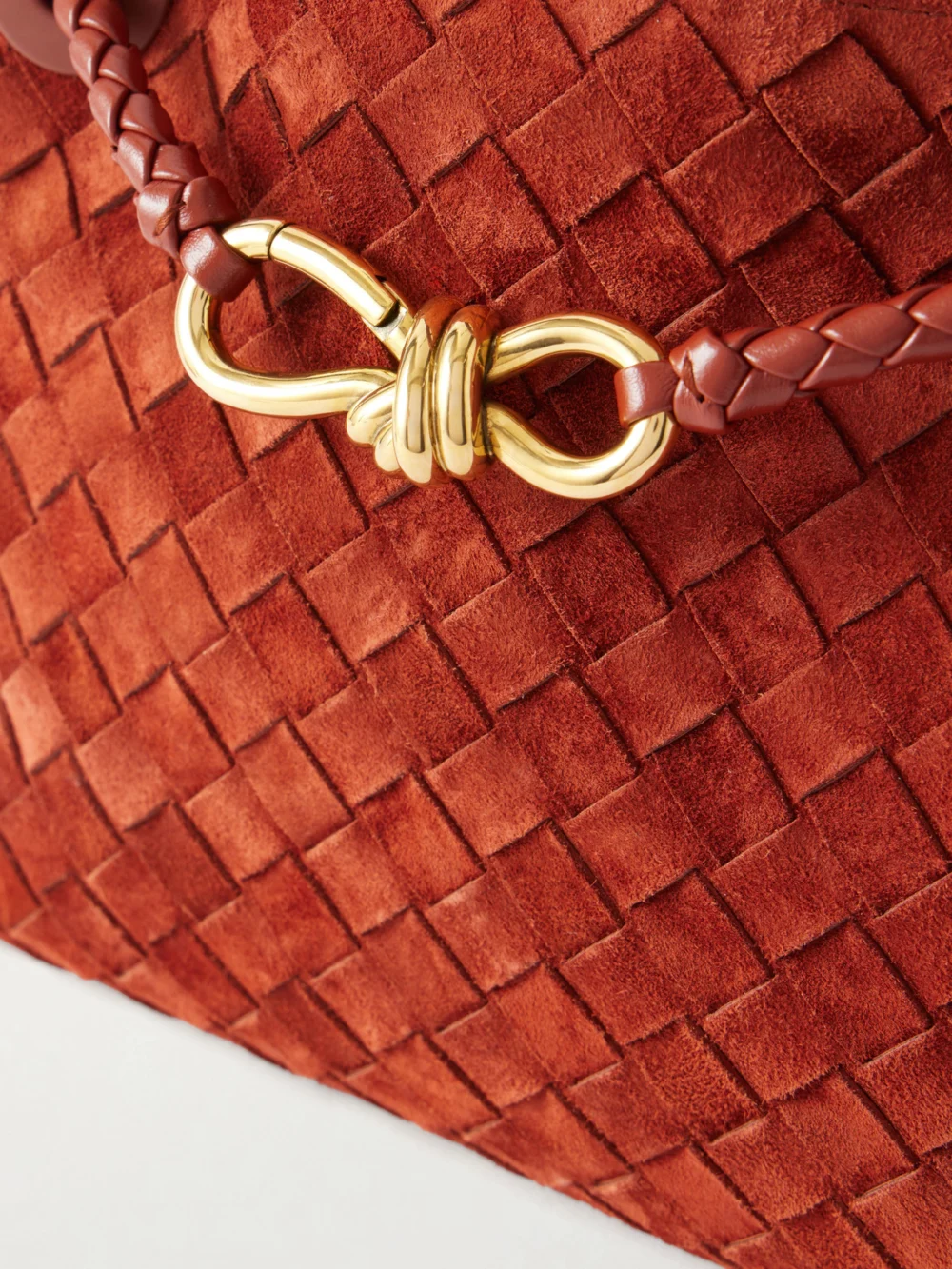 Close-up detail of the Bottega Veneta Andiamo Small Intrecciato Suede Shoulder Bag