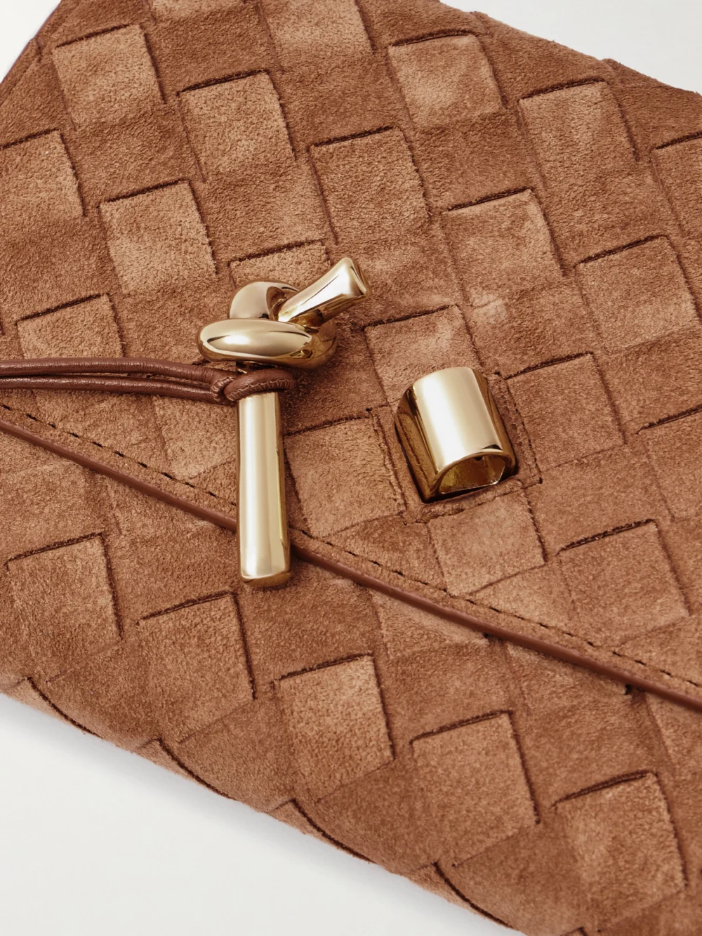 Close-up detail of the Bottega Veneta Andiamo Small Intrecciato Suede Shoulder Bag