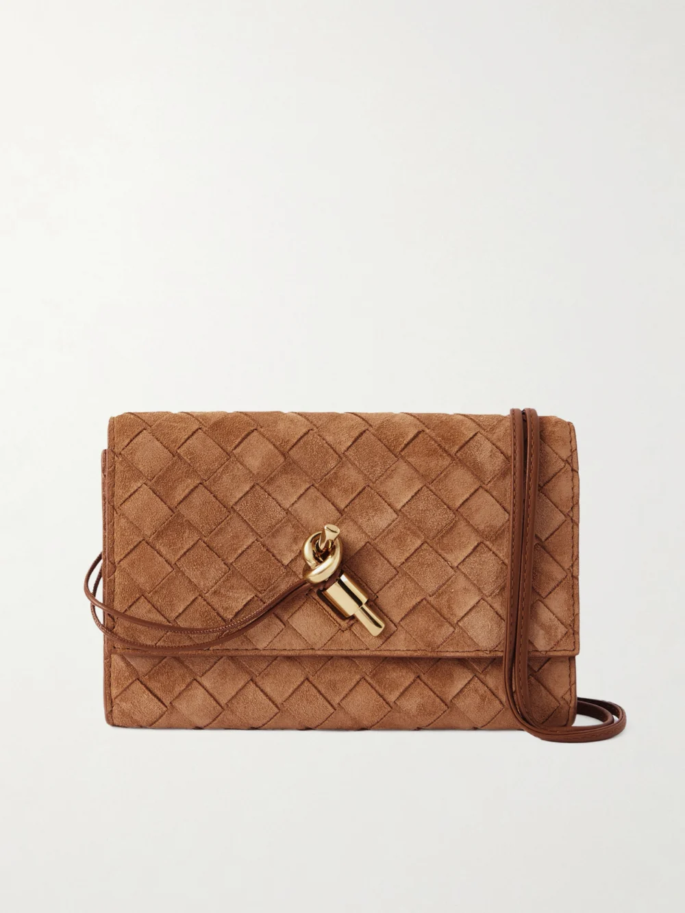 Bottega Veneta Andiamo Small Intrecciato Suede Shoulder Bag in tan