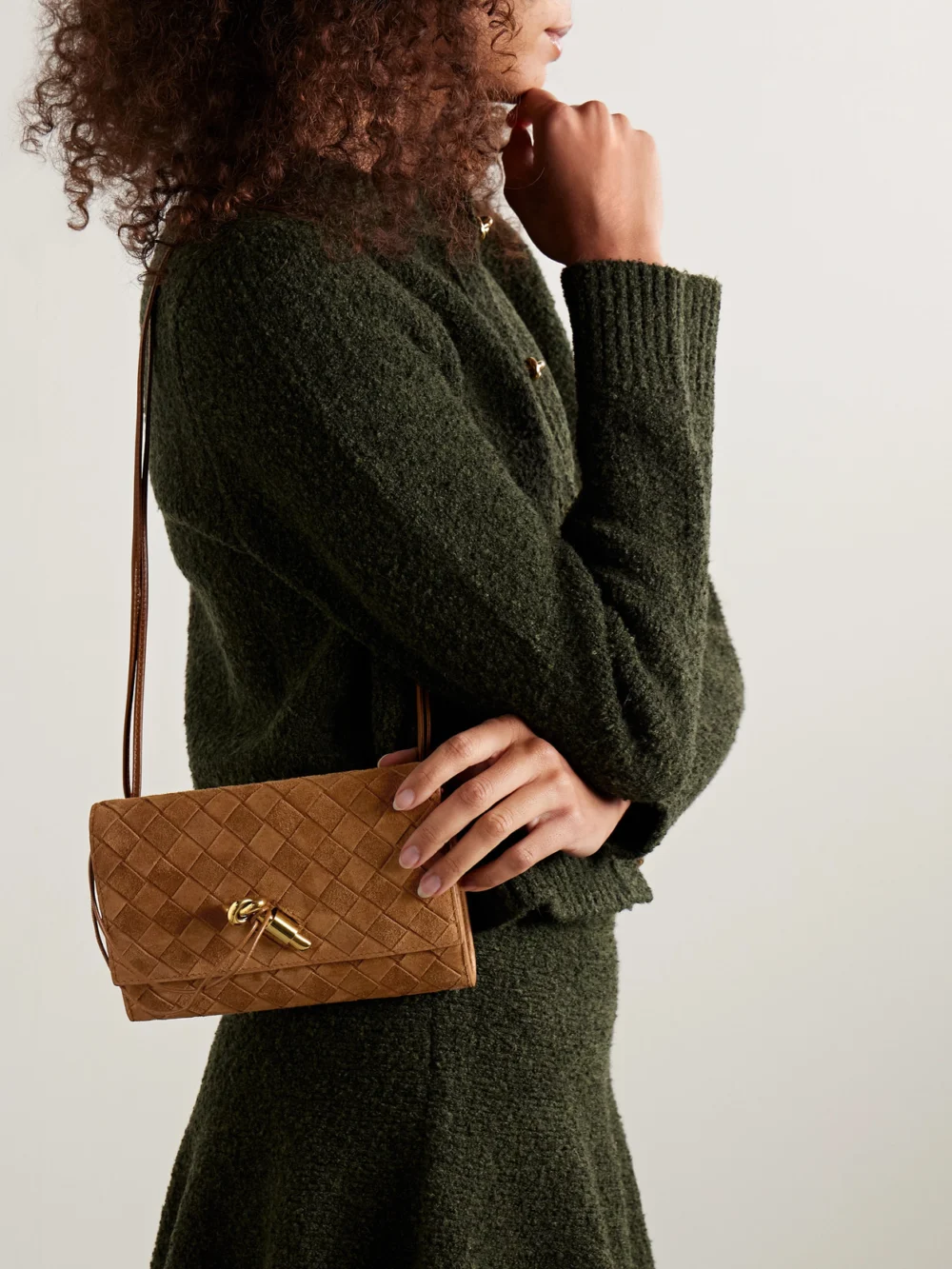 Bottega Veneta Andiamo Small Intrecciato Suede Shoulder Bag, styled view