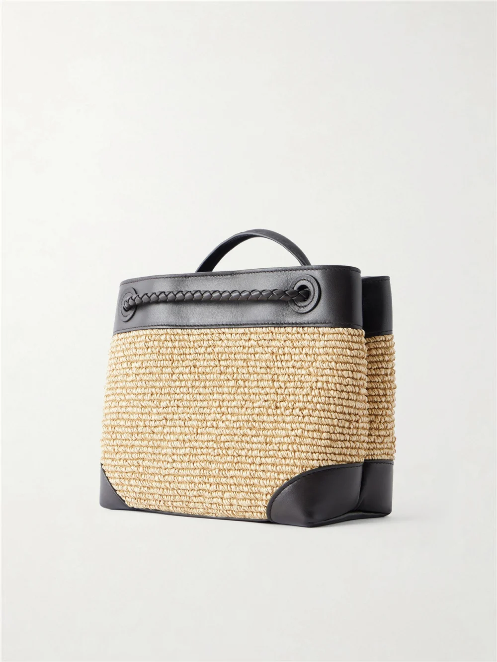 Back view of the Bottega Veneta Andiamo Small Leather-trimmed Raffia Tote