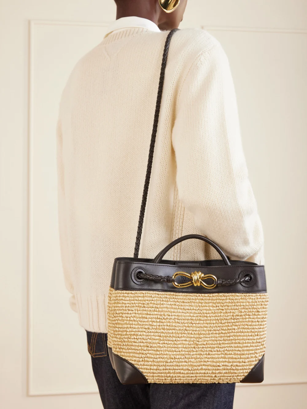 Bottega Veneta Andiamo Small Leather-trimmed Raffia Tote, styled view