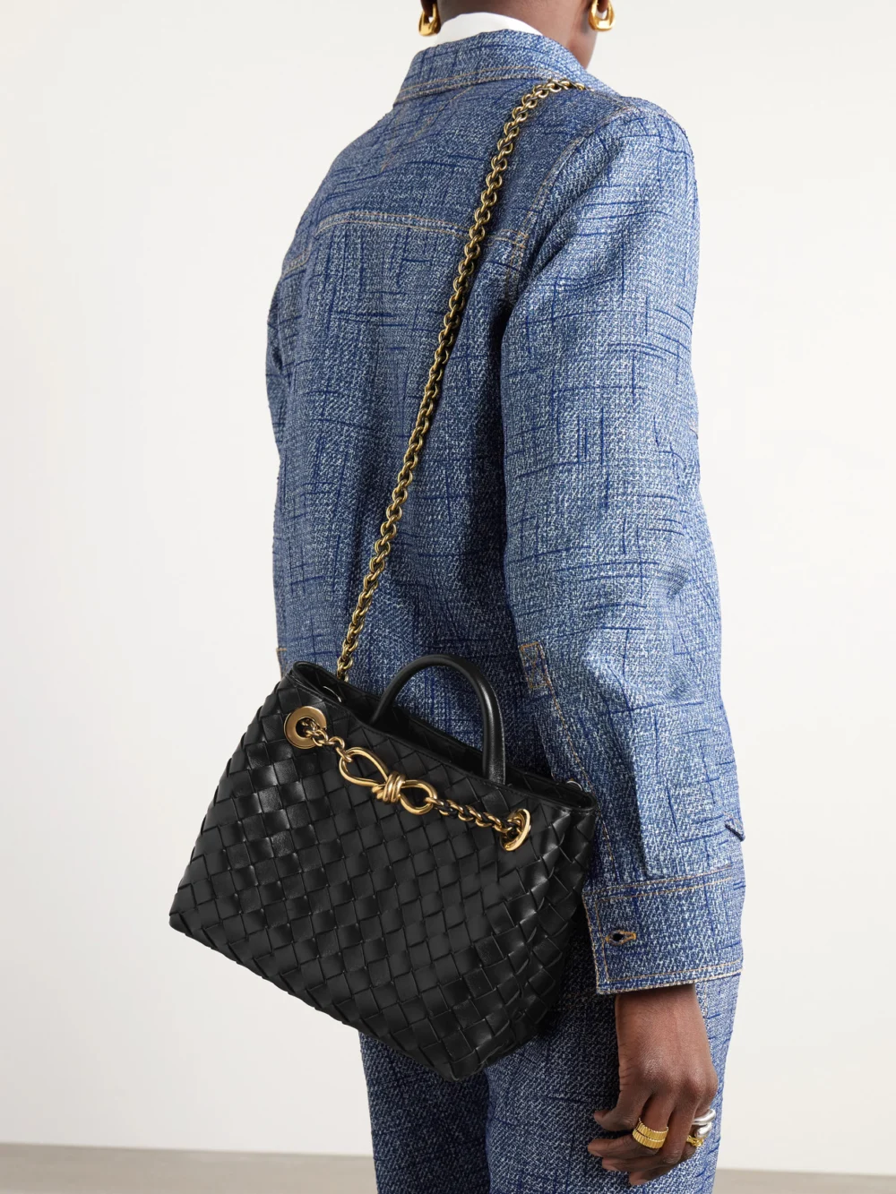 Bottega Veneta Andiamo with Chain Small Intrecciato Leather Shoulder Bag, styled view