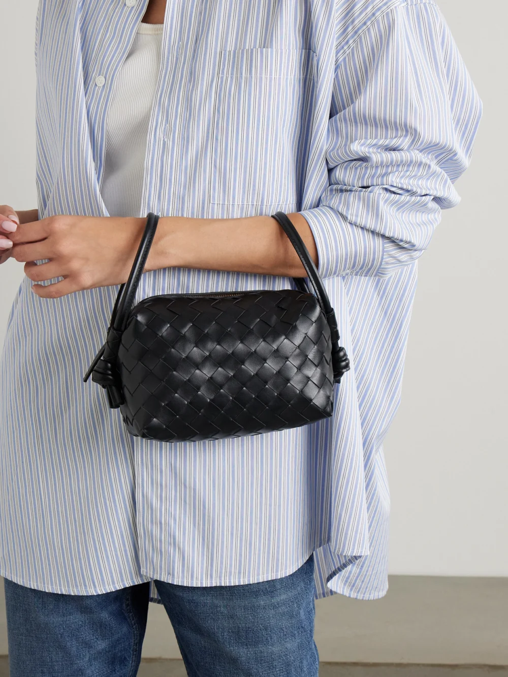 Bottega Veneta Avenue Small Intrecciato Leather Shoulder Bag, styled view