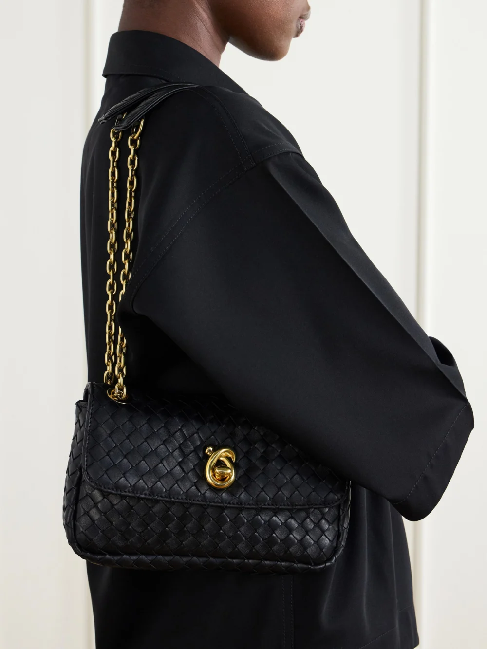 Bottega Veneta Baby Madison Leather Shoulder Bag, styled view