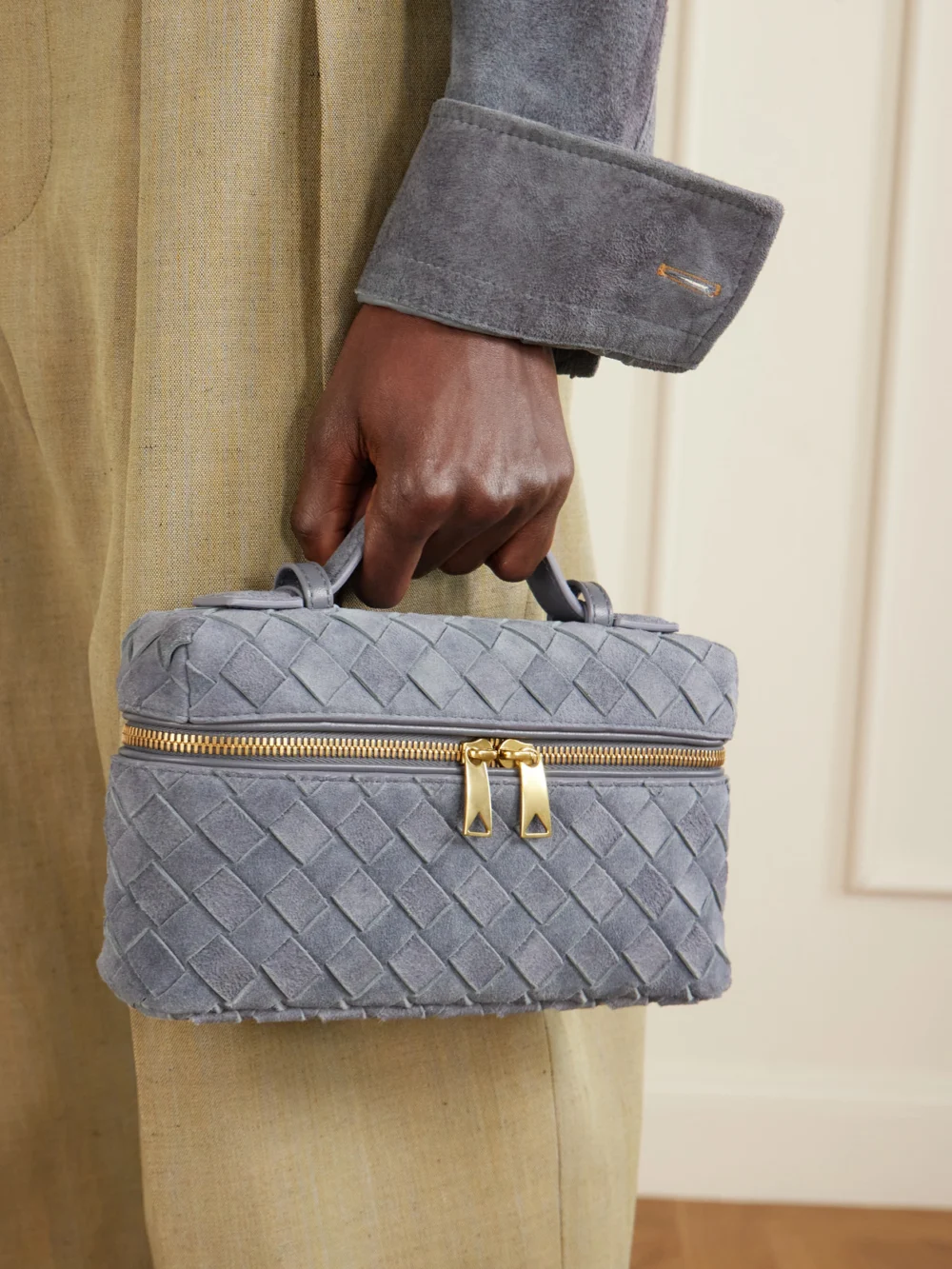 Bottega Veneta Bang Bang Intrecciato Suede Tote, styled view