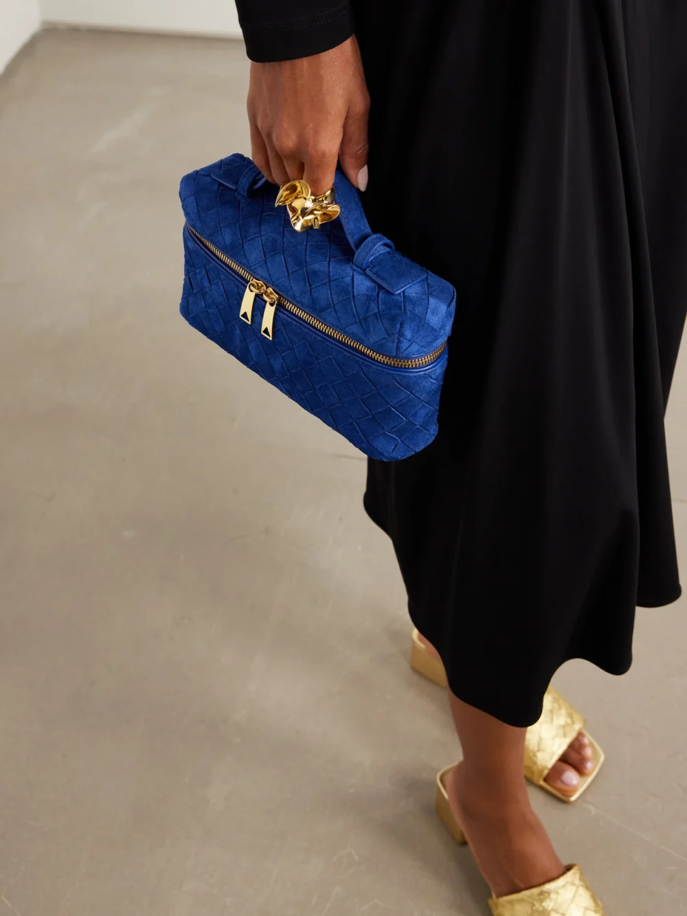Bottega Veneta Bang Bang Intrecciato Suede Tote, styled view