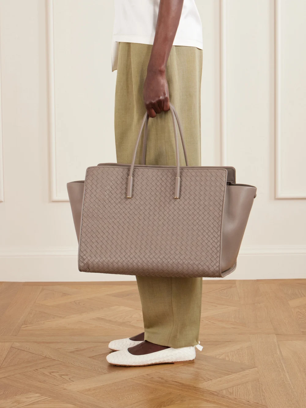 Bottega Veneta Barbara Intrecciato Leather Tote Bag, styled view