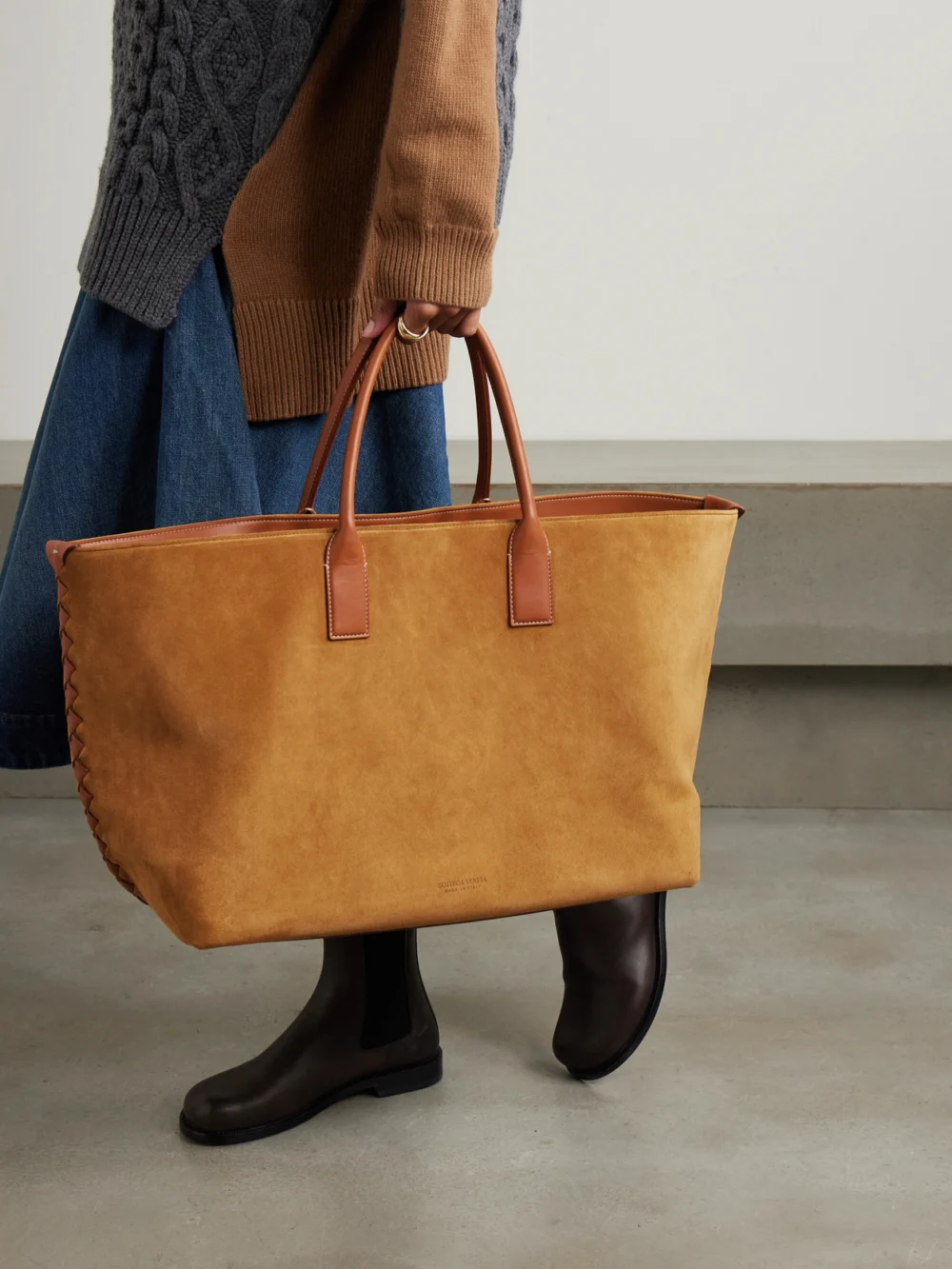 Bottega Veneta Cabat Large Leather-trimmed Suede Tote, styled view