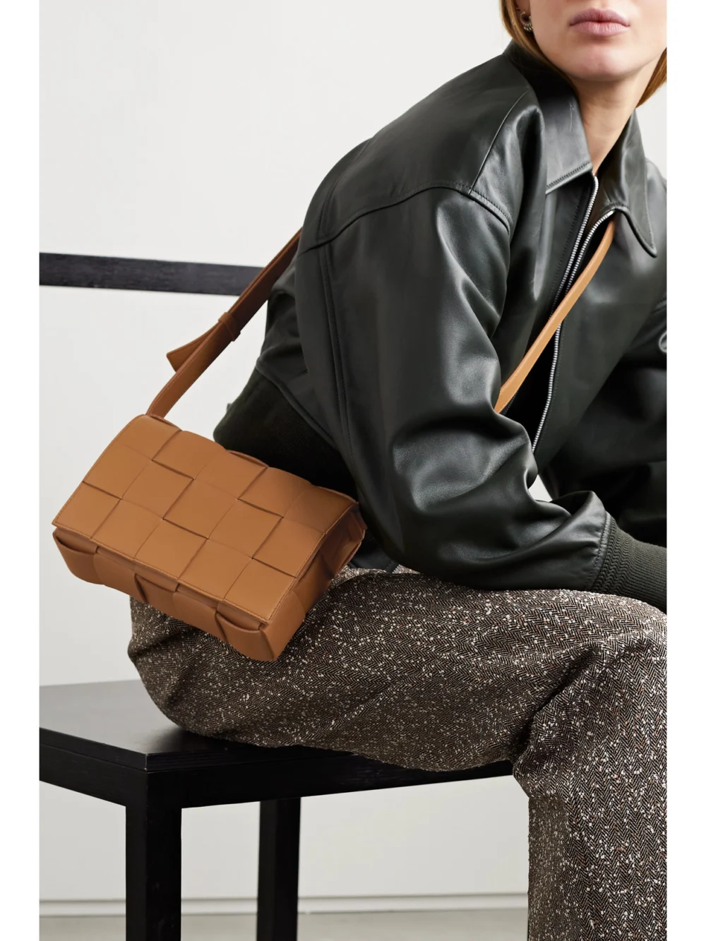 Bottega Veneta Cassette Medium Intrecciato Leather Shoulder Bag, styled view