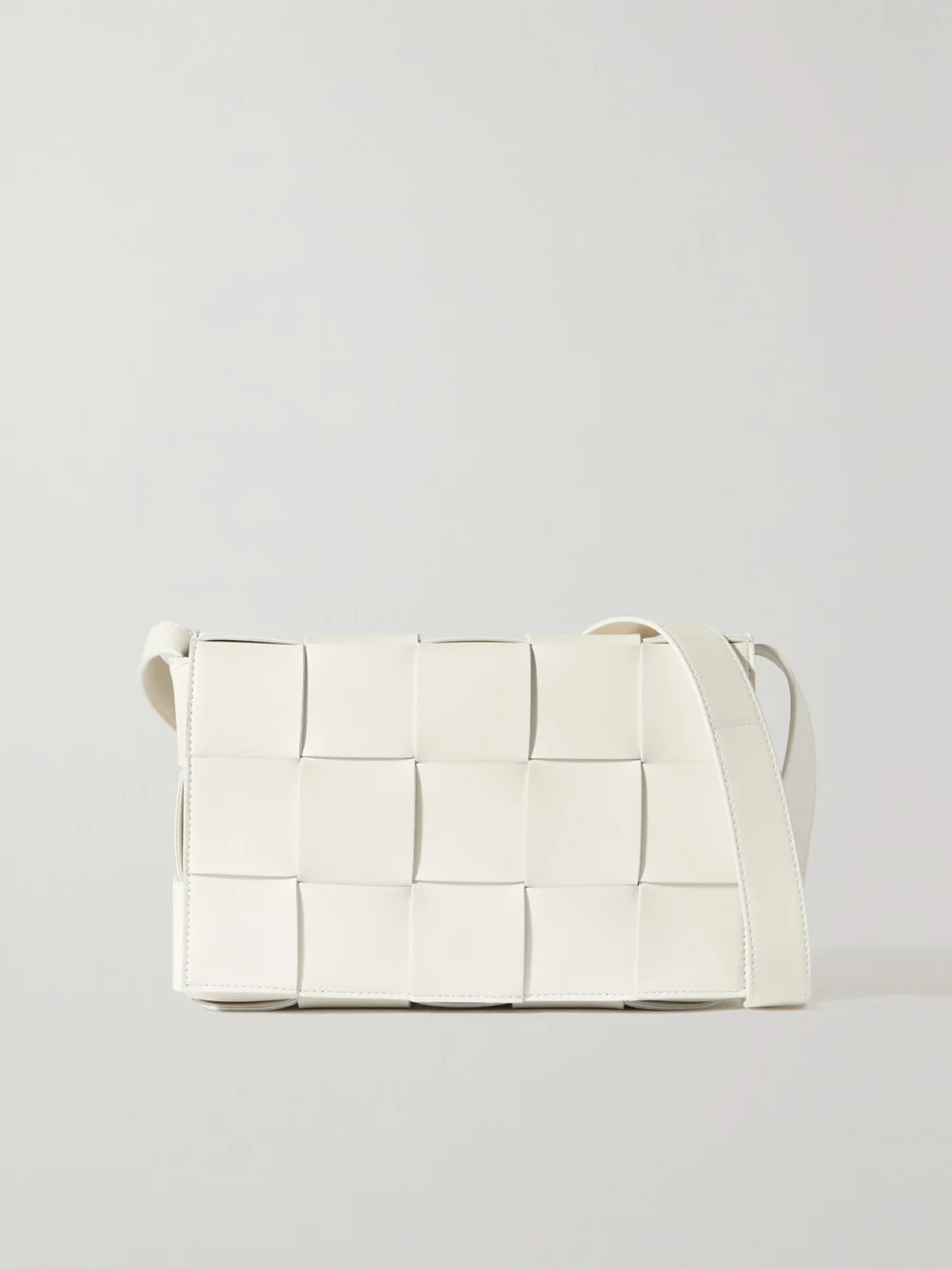 Bottega Veneta Cassette Medium Intrecciato Leather Shoulder Bag in white