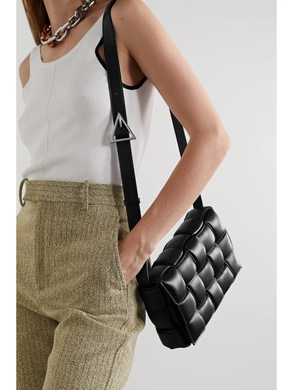 Bottega Veneta Cassette Medium Padded Intrecciato Leather Shoulder Bag, styled view