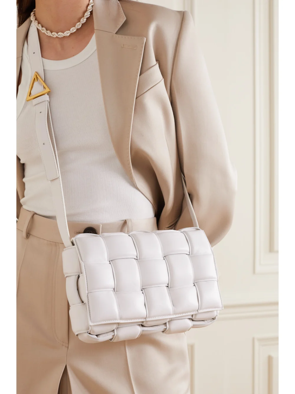 Bottega Veneta Cassette Medium Padded Intrecciato Leather Shoulder Bag, styled view