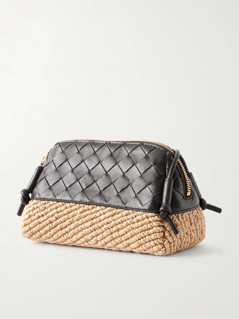 Back view of the Bottega Veneta Concert Intrecciato Leather and Raffia Pouch