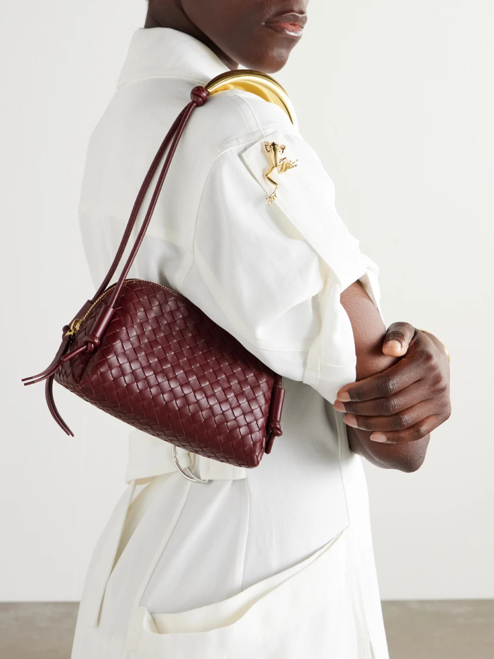 Bottega Veneta Concert Pouch Intrecciato Leather Shoulder Bag, styled view