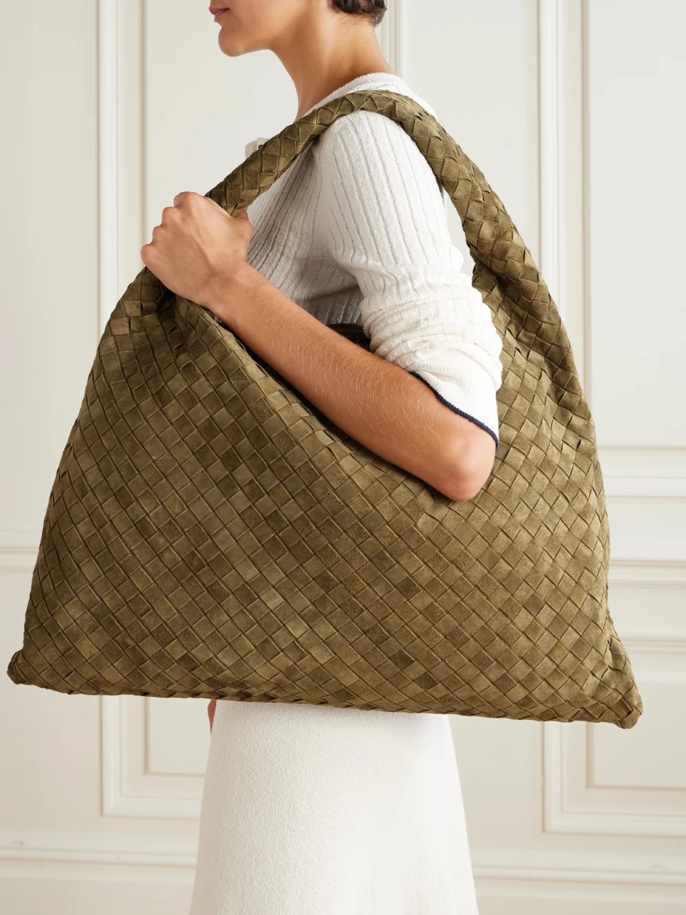 Bottega Veneta Hop Large Intrecciato Suede Tote, styled view