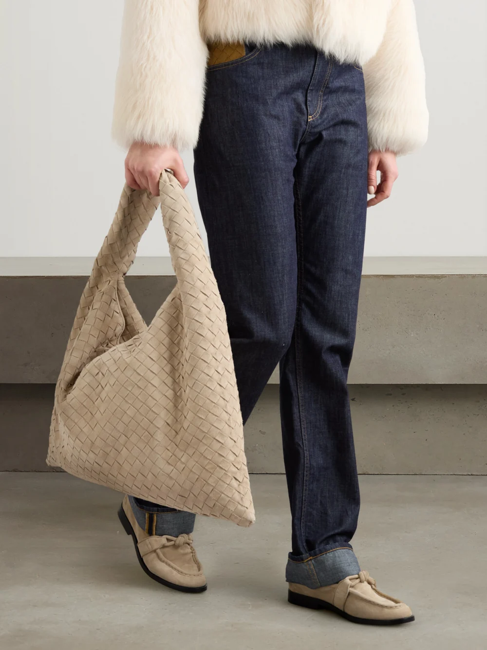 Bottega Veneta Hop Large Intrecciato Suede Tote, styled view