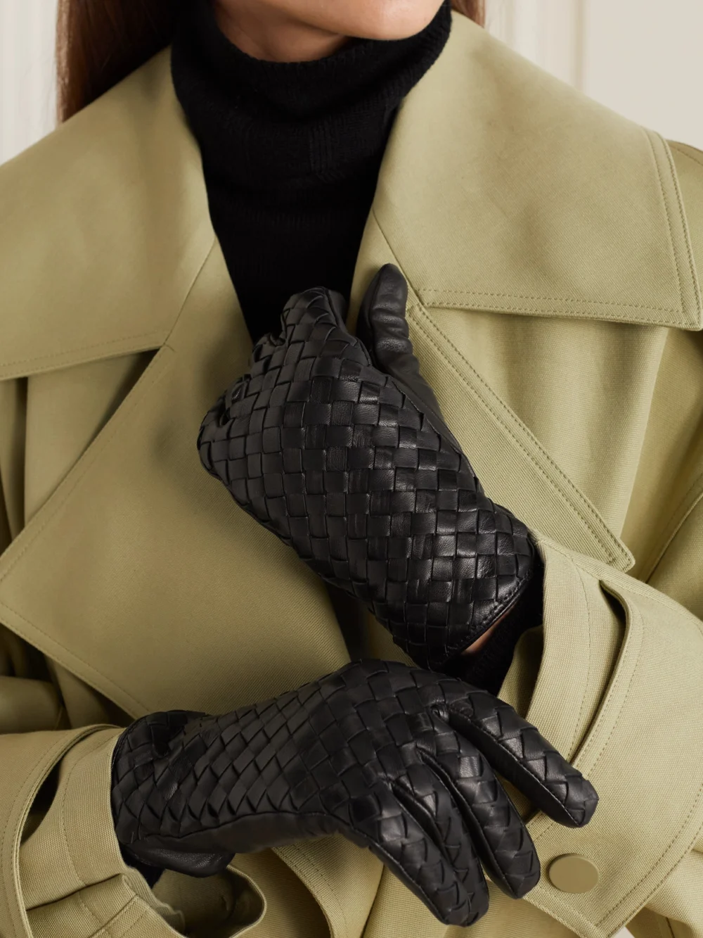 Bottega Veneta Intrecciato Leather Gloves, styled view