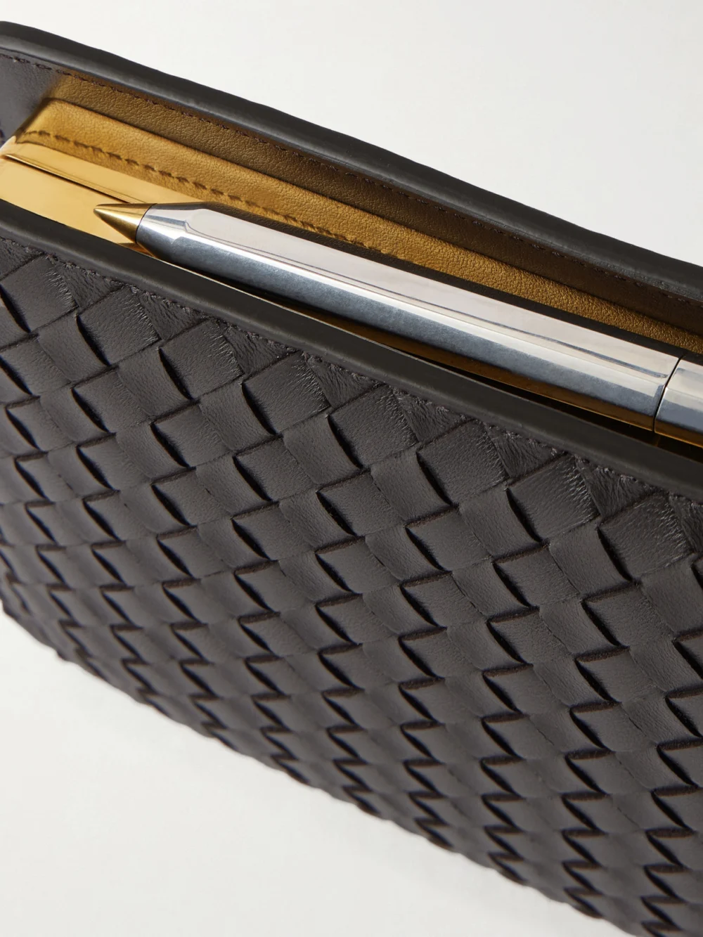 Close-up detail of the Bottega Veneta Intrecciato Leather Pouch