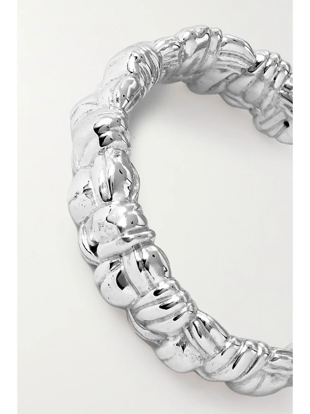 Close-up detail of the Bottega Veneta Intrecciato Silver Cuff