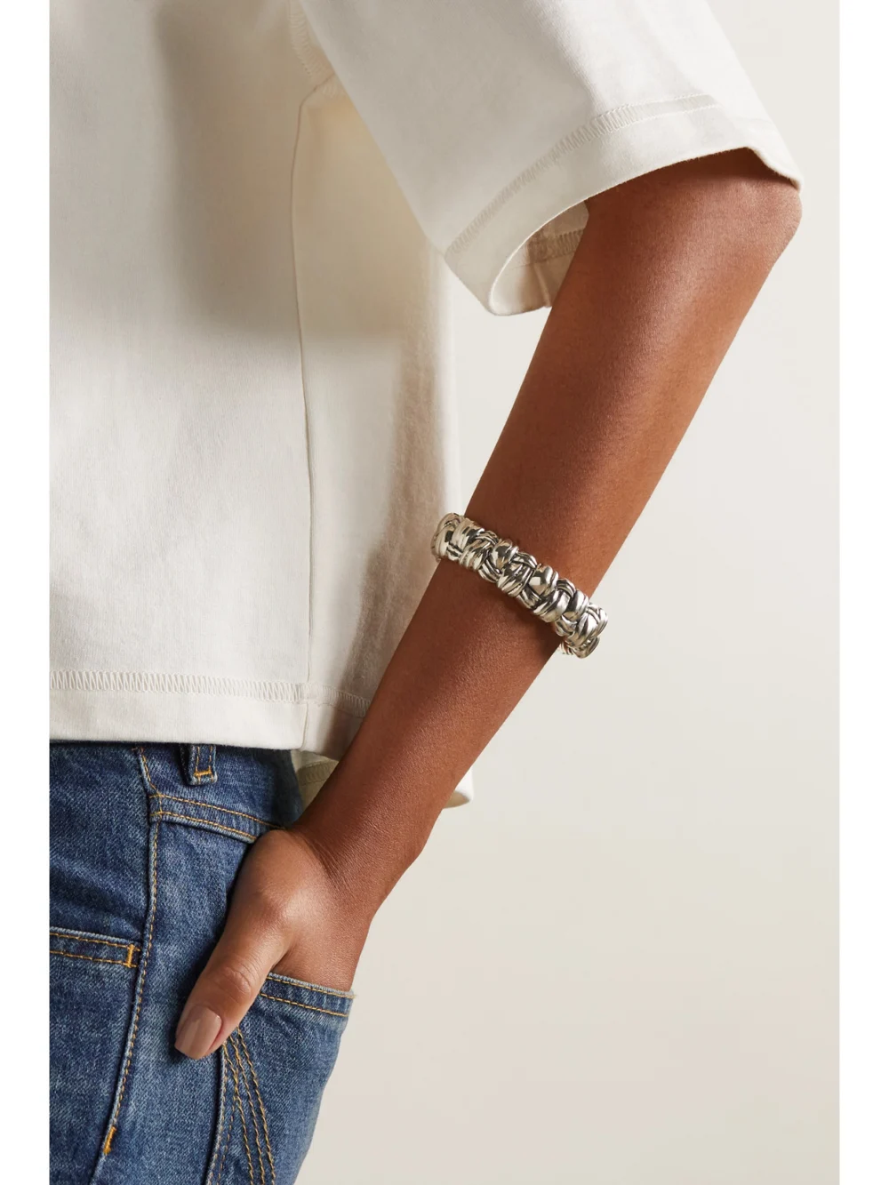 Bottega Veneta Intrecciato Silver Cuff, styled view