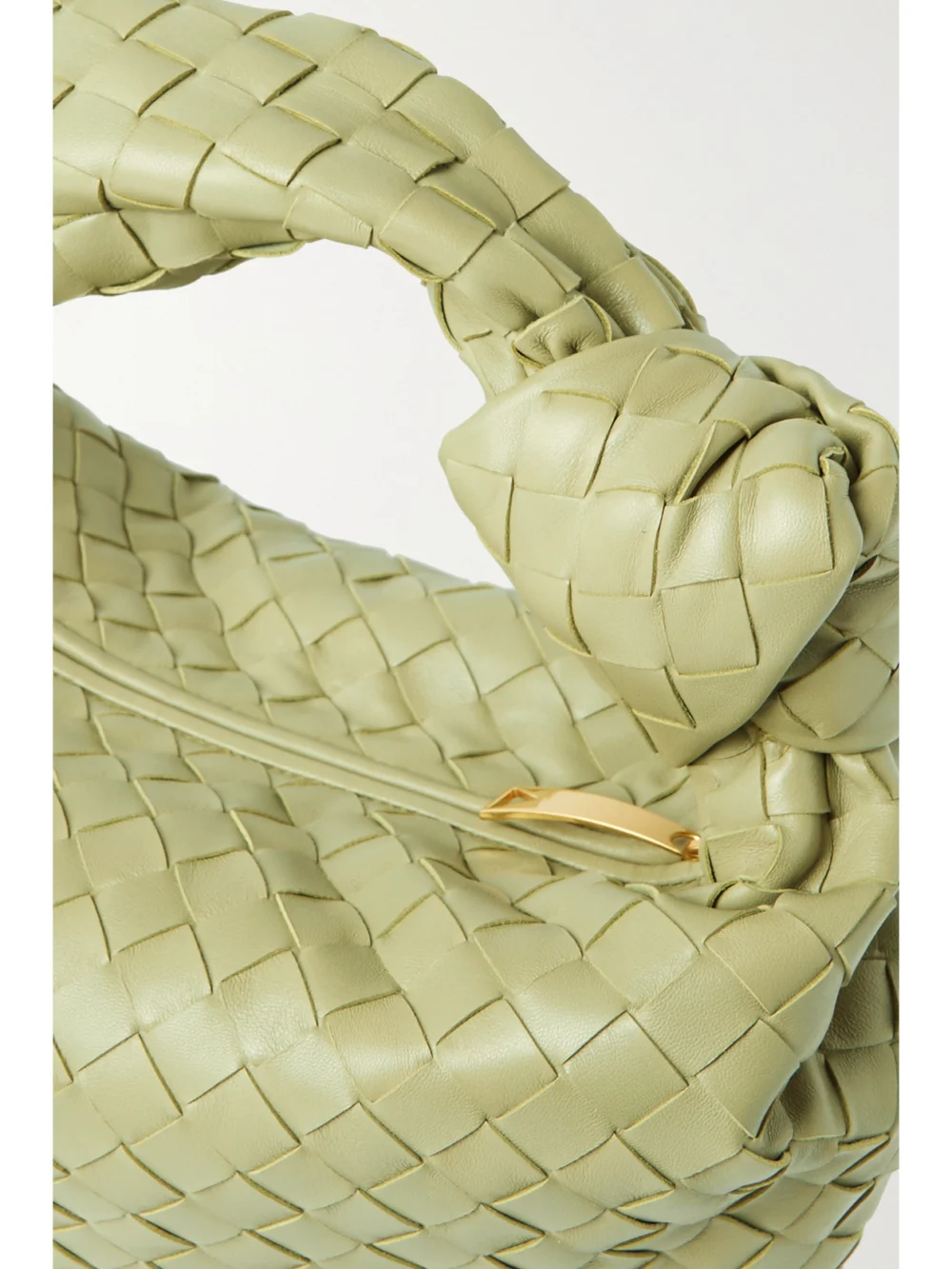 Close-up detail of the Bottega Veneta Jodie Small Intrecciato Leather Tote