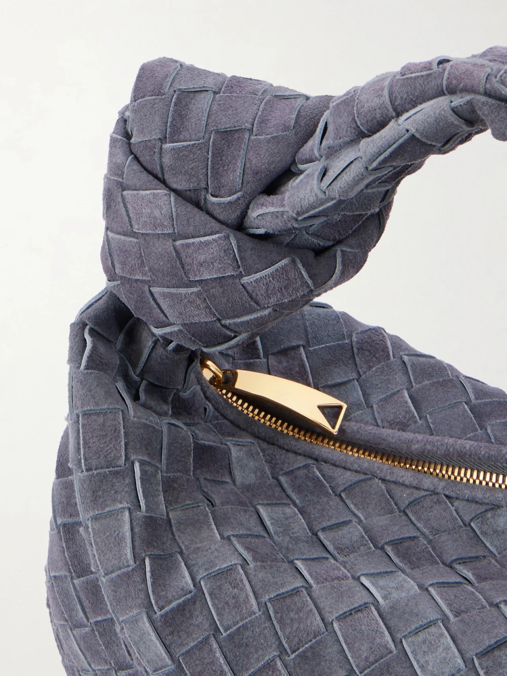 Close-up detail of the Bottega Veneta Jodie Small Intrecciato Suede Tote