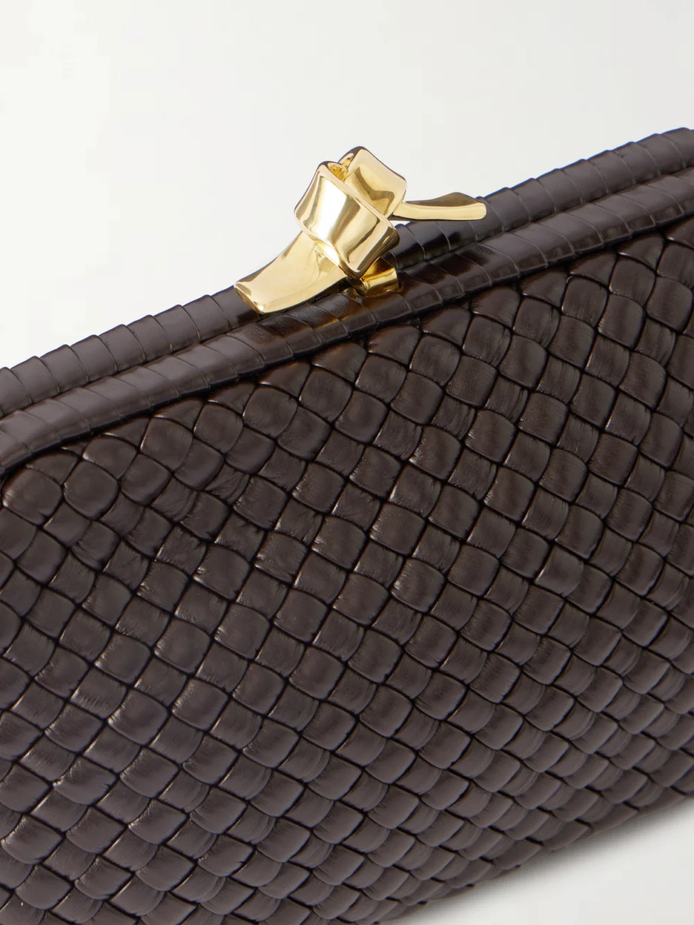 Close-up detail of the Bottega Veneta Knot Intrecciato Leather Clutch