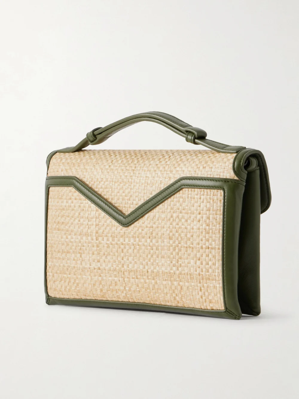 Back view of the Bottega Veneta Knot Lock Leather-trimmed Woven Raffia Shoulder Bag