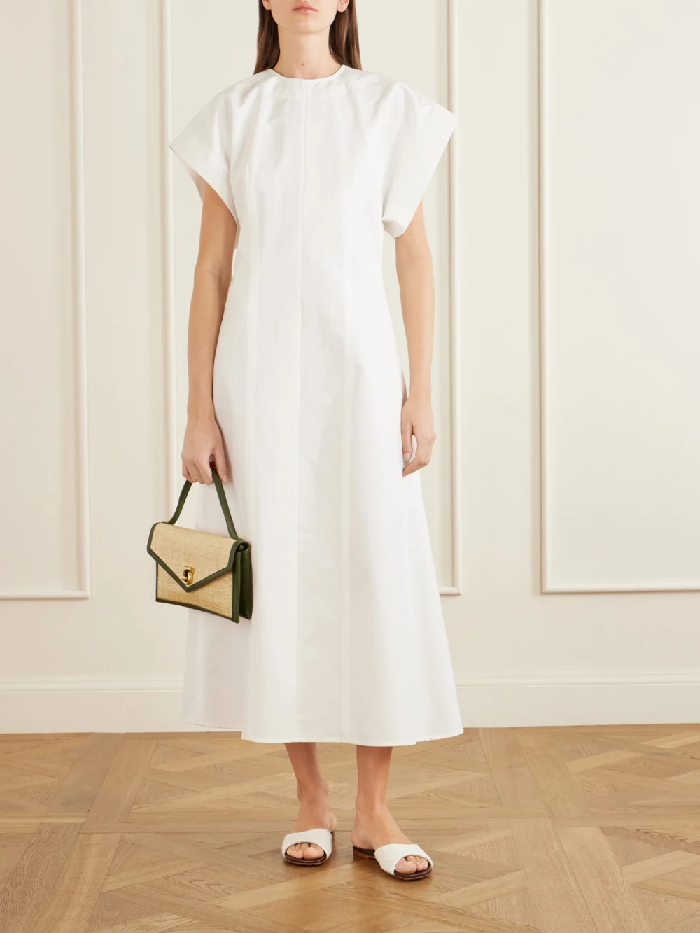 Bottega Veneta Knot Lock Leather-trimmed Woven Raffia Shoulder Bag, styled view