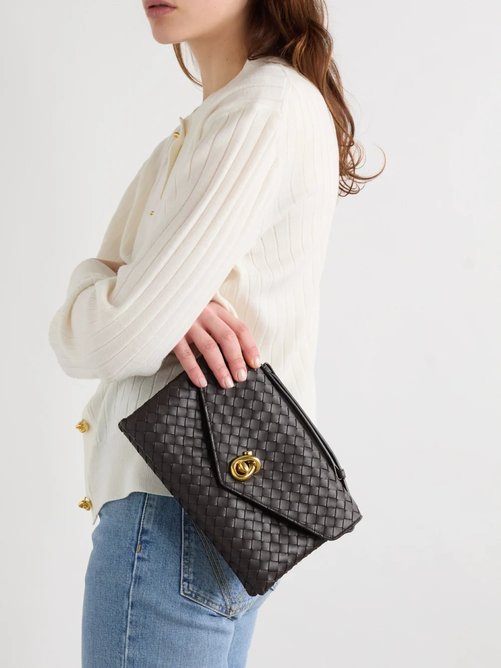 Bottega Veneta Knot Lock Medium Intrecciato Leather Top-handle Bag, styled view