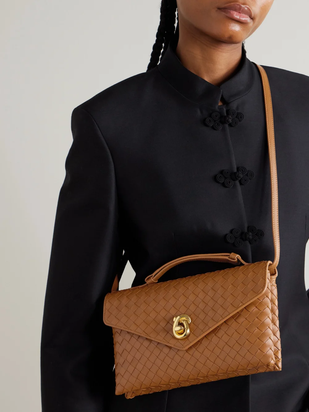 Bottega Veneta Knot Lock Medium Intrecciato Leather Top-handle Bag, styled view