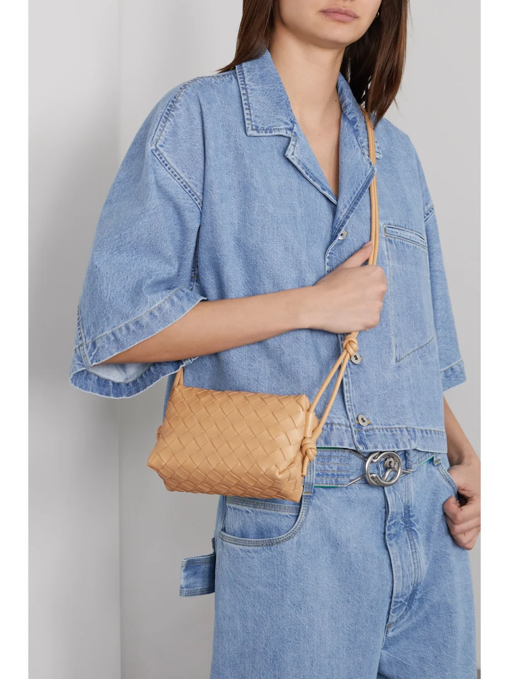 Bottega Veneta Loop Mini Intrecciato Leather Shoulder Bag, styled view