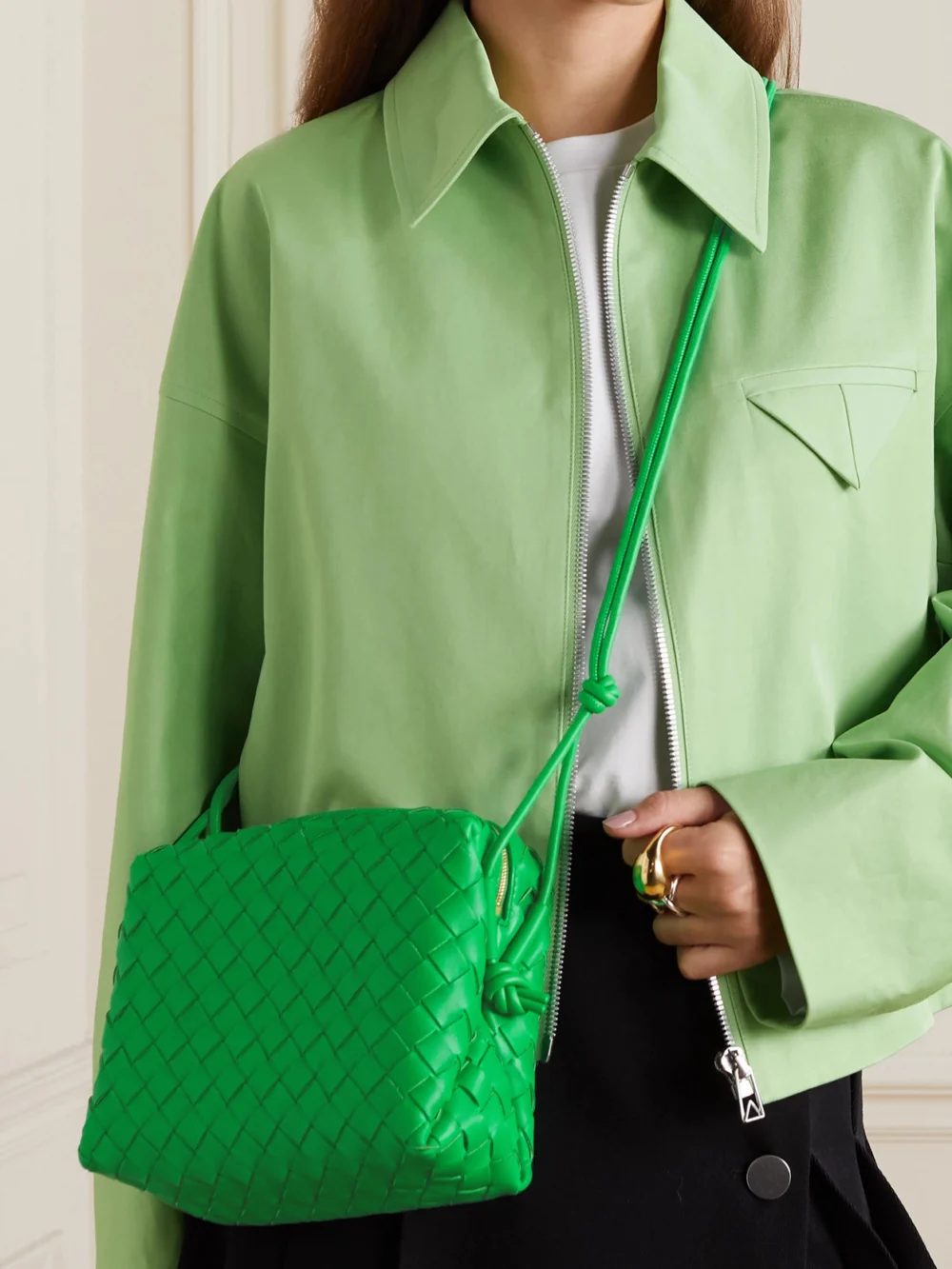 Bottega Veneta Loop Mini Intrecciato Leather Shoulder Bag, styled view