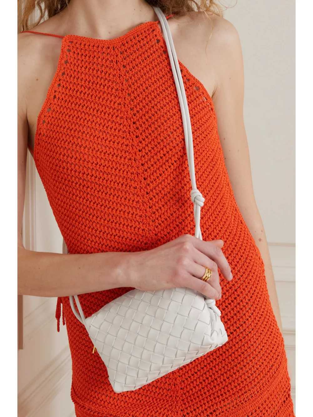 Bottega Veneta Loop Mini Intrecciato Leather Shoulder Bag, styled view