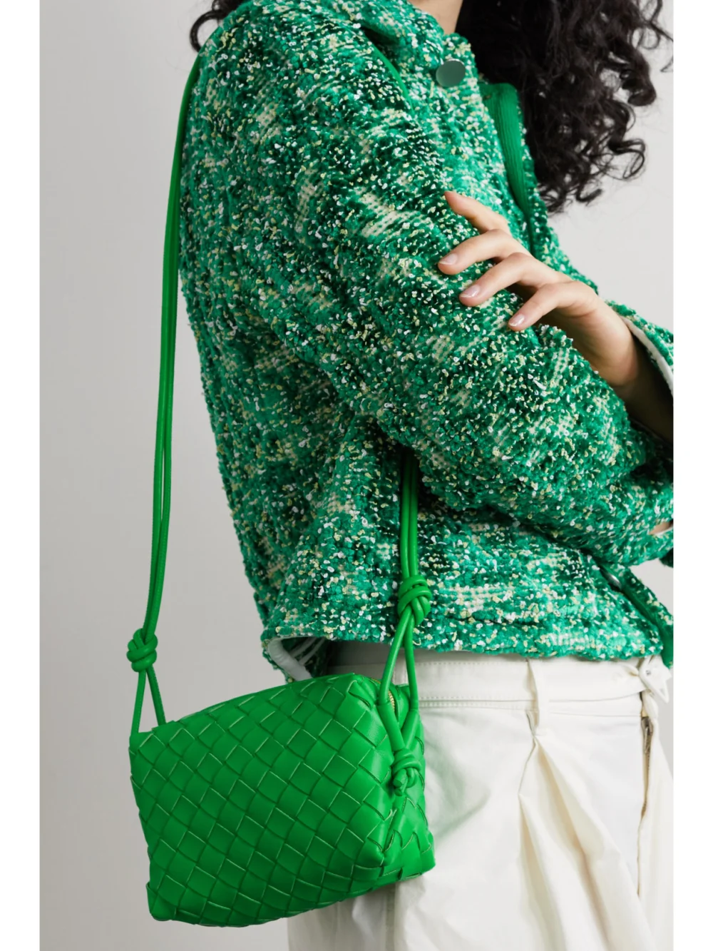 Bottega Veneta Loop Small Intrecciato Leather Shoulder Bag, styled view