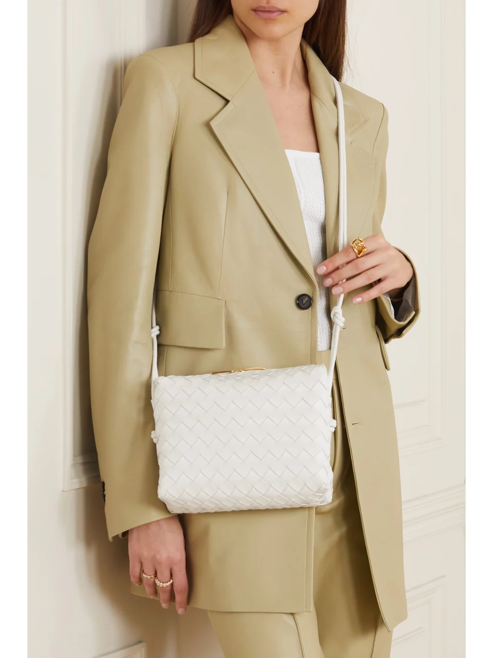 Bottega Veneta Loop Small Intrecciato Leather Shoulder Bag, styled view