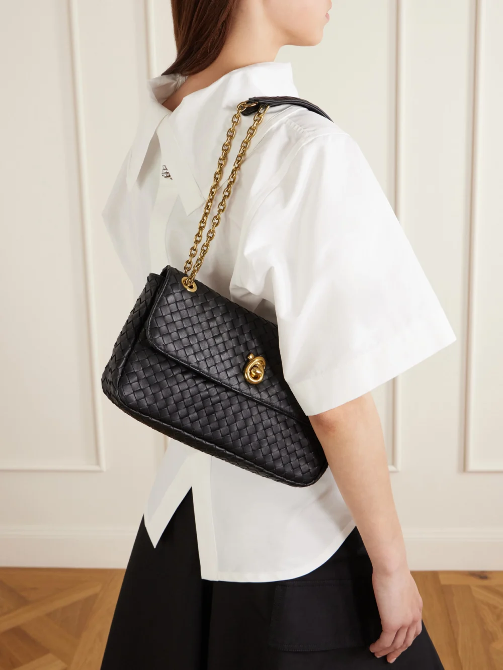 Bottega Veneta Madison Intrecciato Leather Shoulder Bag, styled view