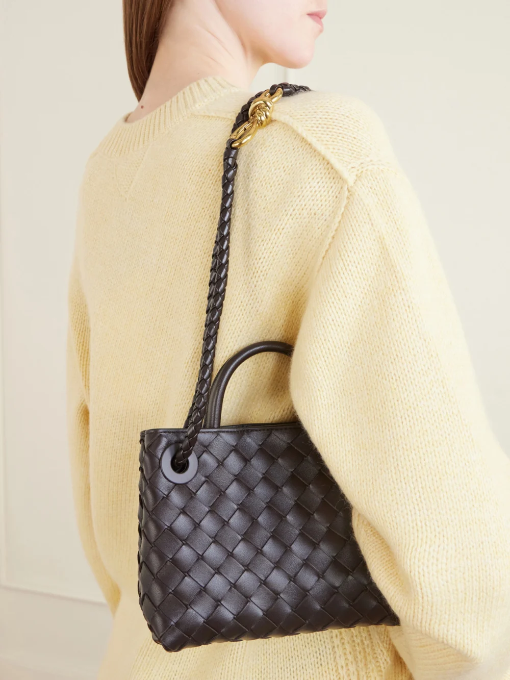 Bottega Veneta Mini Andiamo Intrecciato Leather Tote, styled view